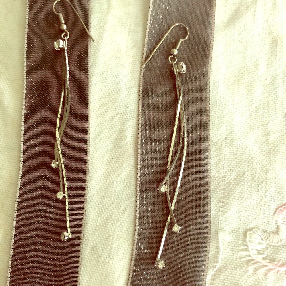 Faux Gem Dangle Earrings. Silver Tone.